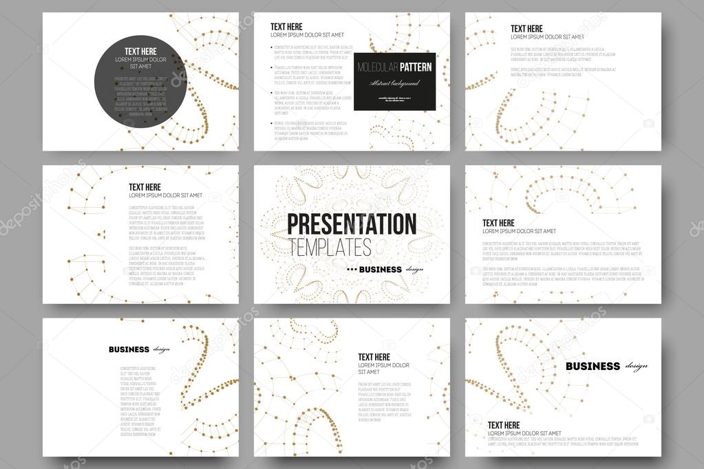 Set of 9 templates for presentation slides. Abstract polygonal low poly backdrop with connecting dots and lines, golden connection structure on white background. Digital or science vector