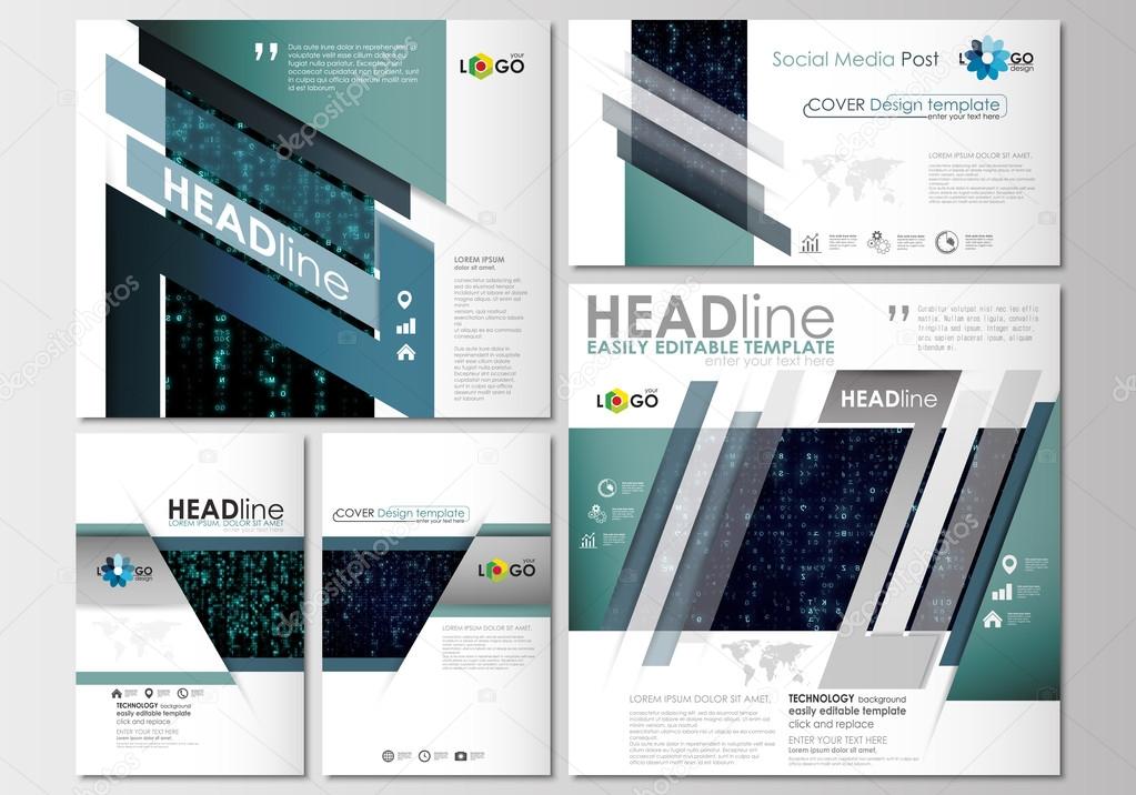 Social media posts set. Business templates. Cover design template, easy editable flat layouts in popular formats. Virtual reality, color code streams glowing on screen, technology background.