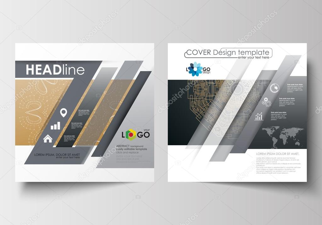 Template for square design brochure, magazine, flyer. Leaflet cover, flat layout, easy editable blank. Golden technology background, connection structure with connecting dots and lines, science vector
