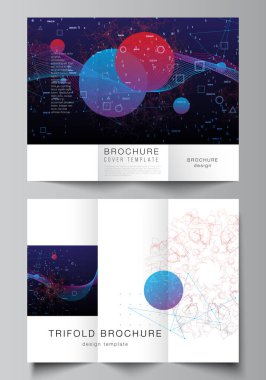 Üç katlı broşür, broşür, broşür, dergi, kitap tasarımı ve broşür kapağı için kapak taslakları. Yapay zeka, büyük veri görselleştirme. Kuantum bilgisayar teknolojisi kavramı.
