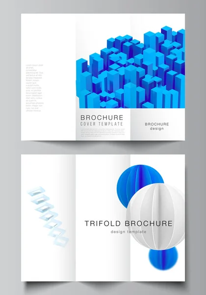 Vector layouts of covers design templates for trifold brochure, flyer layout, brochure cover, advertising. 3d render vector composition with dynamic realistic geometric blue shapes in motion. — Stock Vector