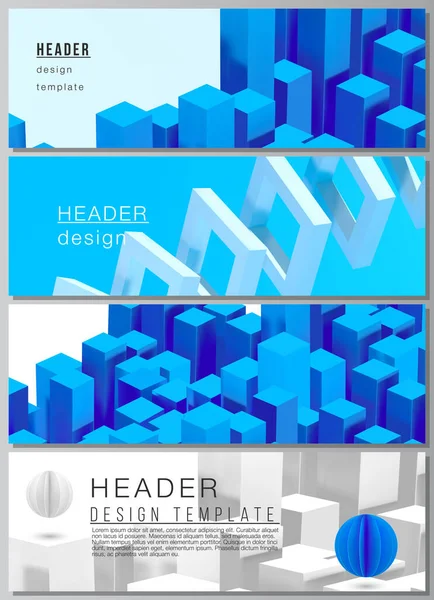 Layout vetorial de cabeçalhos, modelos de banner para design de rodapé do site, design de folheto horizontal, fundos de cabeçalho do site. 3d renderizar a composição vetorial com formas geométricas azuis dinâmicas em movimento. —  Vetores de Stock