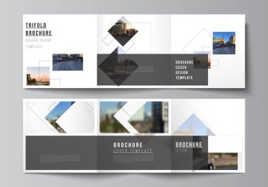 Kare biçimin vektör düzeni üç katlı broşür, broşür, dergi, kapak tasarımı, kitap, broşür kapağı için geometrik basit şekilli tasarım şablonları, çizgiler ve fotoğraf yerini kapsar.