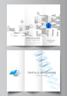 Üç katlı broşür, broşür düzeni, broşür kapağı ve reklam için tasarım şablonları. Hareket halindeki dinamik gerçekçi geometrik mavi şekilli 3D render vektör bileşimi.