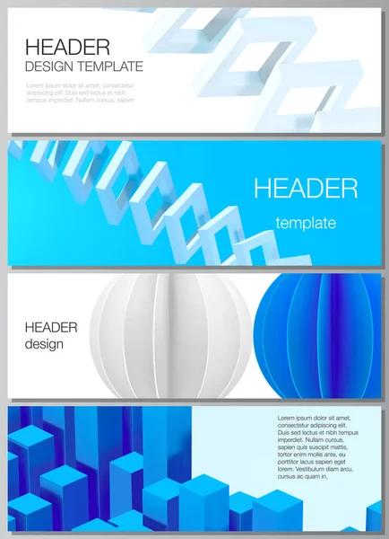 Vector lay-out van headers, banner sjablonen voor website footer ontwerp, horizontaal flyer ontwerp, website header achtergronden. 3d renderen vectorsamenstelling met dynamische geometrische blauwe vormen in beweging. — Stockvector