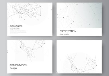 Sunum slaytlarının vektör düzeni iş şablonları tasarım, sunum broşürü şürü şablonu, broşür kapağı, rapor. Gri teknoloji arka planı, noktaları ve çizgileri birleştiriyor. Ağ konsepti.