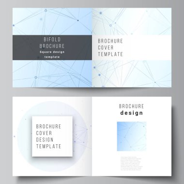 Kare çift katlı broşür, broşür, dergi, kapak tasarımı, kitap tasarımı, broşür kapağı için iki kapak şablonu. Birbirine bağlı çizgiler ve noktalar olan mavi tıbbi geçmiş, pleksus.