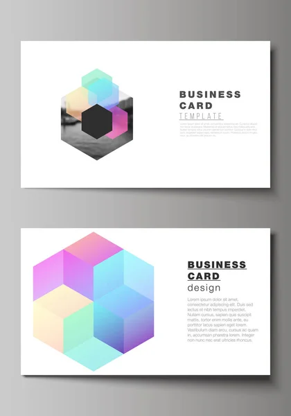 Vector layout of two creative business cards design templates, horizontal template vector design with colorful hexagons, geometric shapes for tech background. — Stock Vector