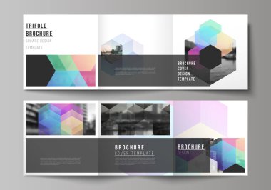 Kare biçimin vektör düzeni üç katlı broşür, broşür, dergi, kapak tasarımı, kitap tasarımı, broşür kapağı kapağı için soyut şekiller ve renkler içeren tasarım şablonlarını kapsar.