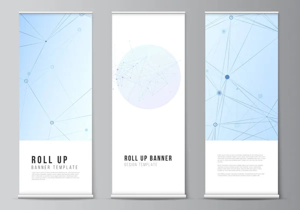 垂直チラシ、フラグデザインテンプレート、バナースタンド、広告デザインのモックアップのためのロールアップモックアップテンプレートのベクトルレイアウト。線と点を結ぶ青い医学的背景. — ストックベクタ