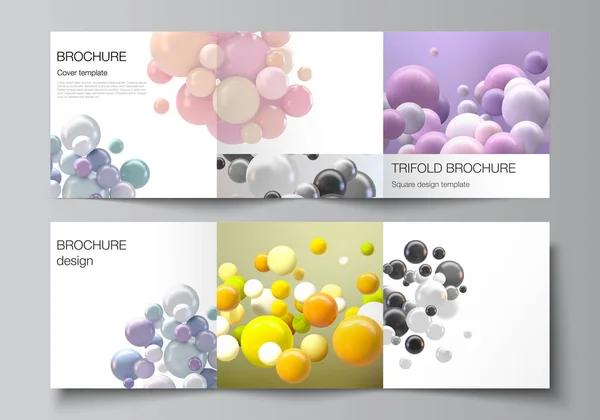 Vector lay-out van vierkante hoezen sjablonen voor drievoudige brochure, flyer, tijdschrift, omslag ontwerp, boek ontwerp. Abstract vector futuristische achtergrond met kleurrijke 3d bollen, glanzende bellen, ballen. — Stockvector