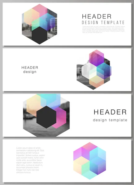 Diseño vectorial de encabezados, plantillas de diseño de banner con hexágonos de colores, formas geométricas, fondo tecnológico para el diseño de pie de página web, diseño de volante horizontal, fondos de encabezado del sitio web. — Vector de stock