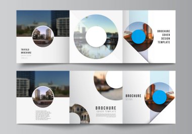 Üç katlı broşür, broşür, dergi, kapak tasarımı, kitap tasarımı, broşür kapağı için kare şablonları vektör düzeni. Yuvarlak arkaplan şablonu, IT için daireler, minimal tarzda teknoloji.