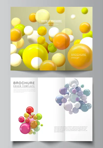 Vector lay-outs van covers ontwerp sjablonen voor driedelige brochure, flyer lay-out, boek ontwerp, brochure cover, reclame. Abstract futuristische achtergrond met kleurrijke 3d bollen, glanzende bellen, ballen. — Stockvector
