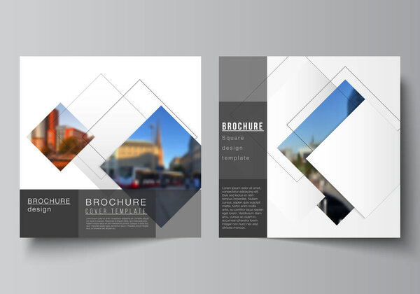 Vector layout of two square format covers design templates with geometric simple shapes, lines and photo place for brochure, flyer, magazine, cover design, book, brochure cover.