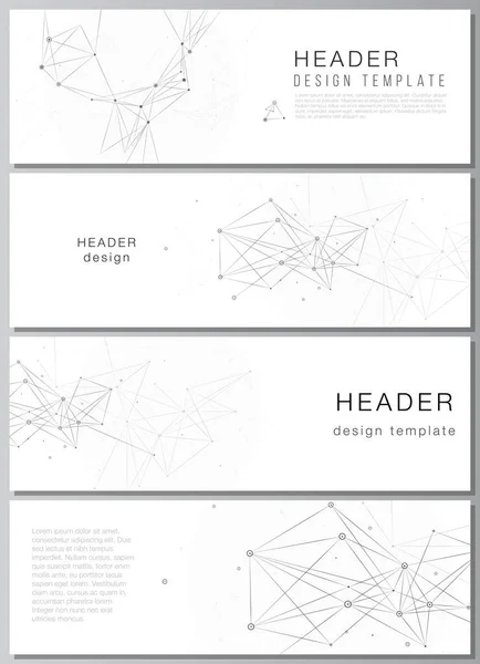 Mise en page vectorielle des en-têtes, modèles de bannière pour la conception de pied de page de site Web, conception de flyer horizontal, arrière-plans d'en-tête de site Web. Arrière-plan technologique gris avec lignes et points de connexion. Concept de réseau. — Image vectorielle