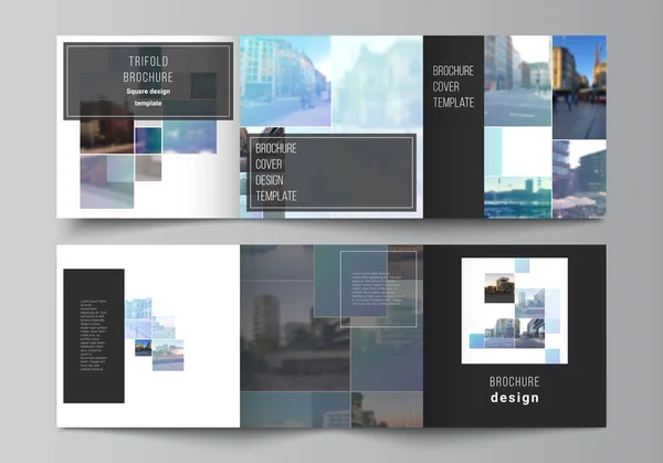 Il layout vettoriale del formato quadrato copre i modelli per brochure trifold, flyer, magazine, cover design, book design, brochure cover. Progetto di design astratto in stile geometrico con quadrati blu. — Vettoriale Stock