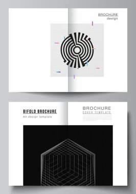 Çift katlı broşür, broşür, broşür, kapak tasarımı, kitap tasarımı için iki A4 kapak modelinin vektör düzeni. Siyah renkli teknoloji arka planı. Bilimin, tıbbın, teknolojinin dijital görselleştirilmesi
