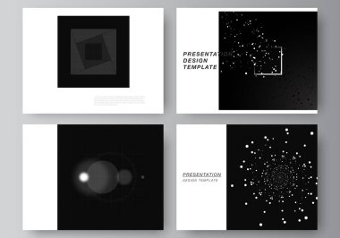 Sunumun vektör düzeni sunum broşürü ve broşür kapağı için tasarım şablonları dizayn eder. Siyah renkli teknoloji geçmişi. Bilimin, tıbbın, teknolojinin dijital görselleştirilmesi.