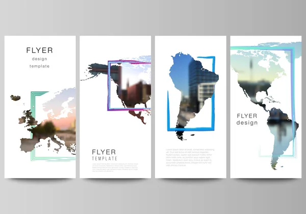 Vektor-Layout von Flyern, Banner-Vorlagen für Website-Werbedesign, vertikales Flyer-Design, Website-Dekoration. Designvorlage in Form von Weltkarten und farbigen Rahmen, legen Sie Ihr Foto ein. — Stockvektor
