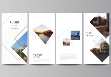 Web sitesi reklam tasarımı, dikey uçucu, web sitesi dekorasyon arka planı için geometrik basit şekillere, çizgilere ve fotoğraf alanına sahip el ilanlarının vektör düzeni, pankart tasarımı şablonları.