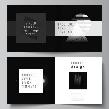Kare tasarım broşür, broşür, broşür, kapak tasarımı, kitap tasarımı için iki kapak şablonunun vektör düzeni. Siyah renkli teknoloji geçmişi. Bilimin, tıbbın, teknolojinin dijital görselleştirilmesi.
