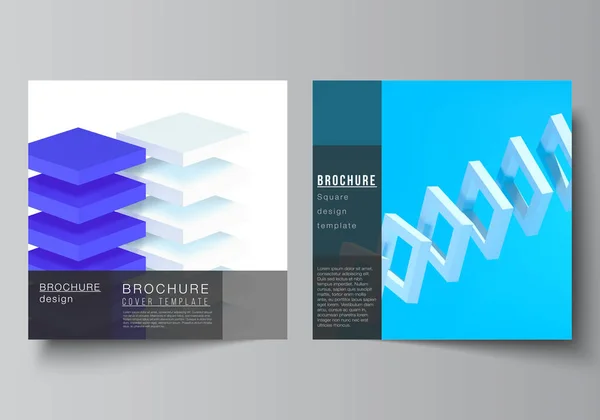 Vektor-Layout von zwei quadratischen Cover-Vorlagen für Broschüren, Flyer, Cover-Design, Buchdesign, Broschüren-Cover. 3D-Rendervektorkomposition mit dynamisch realistischen geometrischen blauen Formen in Bewegung. — Stockvektor