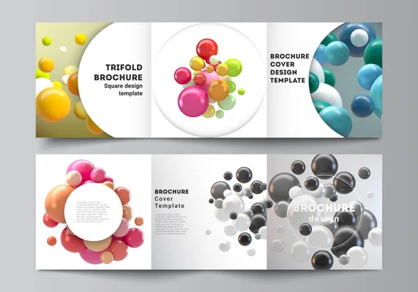 Vector layout of square covers templates for trifold brochure, flyer, magazine, cover design, book design. Abstract vector futuristic background with colorful 3d spheres, glossy bubbles, balls. — Stock Vector