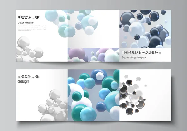 Vector lay-out van vierkante formaat omslagen sjablonen voor drievoudige brochure, flyer, tijdschrift, omslag ontwerp, boek ontwerp. Abstract realistische vector achtergrond met veelkleurige 3d bollen, bellen, ballen. — Stockvector