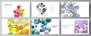 Sunum slaytlarının vektör düzeni tasarım şablonları, sunum broşürü için çok amaçlı şablon, iş raporu. Renkli 3D küreler, parlak baloncuklar, toplar ile soyut geleceksel arkaplan.