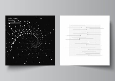 Broşür, broşür, kapak tasarımı, kitap tasarımı, broşür kapağı için iki kare şablonun vektör düzeni. Soyut teknoloji siyah renk bilim geçmişi. Dijital veri. Yüksek teknoloji konsepti.