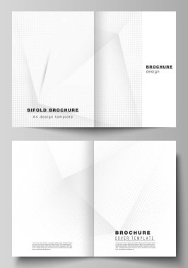 Çift katlı broşür, broşür, broşür, kapak tasarımı, kitap tasarımı, broşür kapağı için iki A4 kapak modelinin vektör düzeni. Noktalı yarım ton efekt. Noktalı pop sanat deseni dekorasyonu.