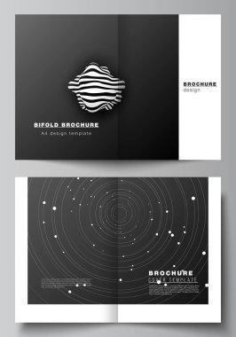 Çift katlı broşür, broşür, broşür, dergi, kapak tasarımı, kitap tasarımı, broşür kapağı için iki A4 biçimli kapak modelinin vektör düzeni. Teknoloji bilimi gelecek geçmişi, uzay astronomisi kavramı.