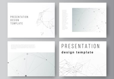 Sunum slaytlarının vektör düzeni iş şablonları tasarım, sunum broşürü şürü şablonu, broşür kapağı, rapor. Gri teknoloji arka planı, noktaları ve çizgileri birleştiriyor. Ağ konsepti.
