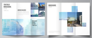 Üç katlı broşür, broşür, broşür, dergi, kitap tasarımı, broşür kapağı, reklam modelleri için kapak tasarımları. Mavi kareli, geometrik tarzda soyut tasarım projesi.
