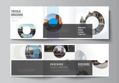 Üç katlı broşür, broşür, dergi, kapak tasarımı, kitap tasarımı, broşür kapağı için kare şablonları vektör düzeni. Yuvarlak arkaplan şablonu, IT için daireler, minimal tarzda teknoloji.