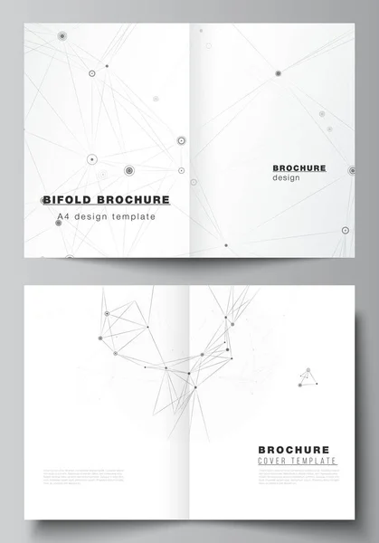 Mise en page vectorielle de deux modèles de couverture A4 pour brochure bifold, dépliant, magazine, conception de couverture, conception de livre. Arrière-plan technologique gris avec lignes et points de connexion. Concept de réseau. — Image vectorielle