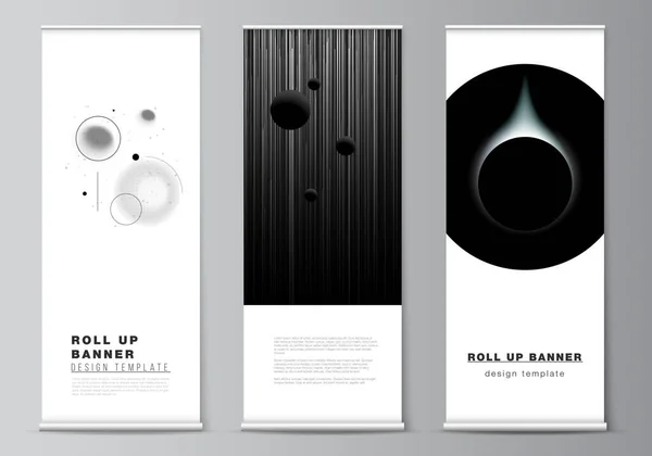 Mise en page vectorielle des modèles de conception roll up pour flyers verticaux, modèles de conception de drapeaux, stands de bannières, maquettes de conception publicitaire. Tech science future background, space design astronomy concept. — Image vectorielle