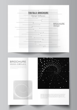 Üç katlı broşür, broşür, broşür tasarımı, kitap tasarımı ve broşür kapağı için kapak taslakları. Soyut teknoloji siyah renk bilim geçmişi. Dijital veri. Minimalist yüksek teknoloji konsepti.