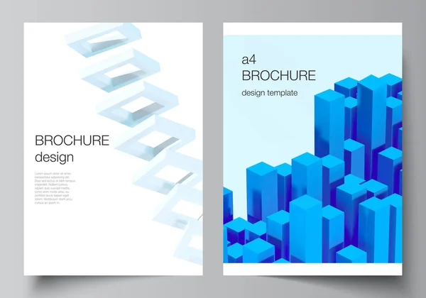 Vector lay-out van A4 cover mockups sjablonen voor brochure, flyer lay-out, boekje, omslag ontwerp, boek ontwerp. 3d renderen vectorsamenstelling met dynamische realistische geometrische blauwe vormen in beweging. — Stockvector