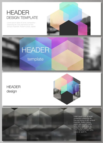 Vektor layout av rubriker, banner design mallar med färgglada hexagoner, geometriska former, tech bakgrund för webbplats sidfot design, horisontella flyer design, webbplats huvudet bakgrunder. — Stock vektor