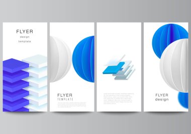 Broşür tasarımı, web sitesi reklam tasarımı için pankart tasarımı, dikey el ilanı tasarımı, web sitesi dekorasyonu. Dinamik geometrik mavi şekilli 3d oluşturma vektör bileşimi.
