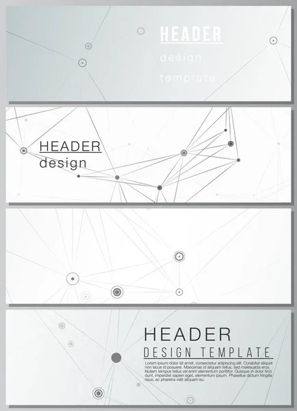 Mise en page vectorielle des en-têtes, modèles de bannière pour la conception de pied de page de site Web, conception de flyer horizontal, arrière-plans d'en-tête de site Web. Arrière-plan technologique gris avec lignes et points de connexion. Concept de réseau. — Image vectorielle