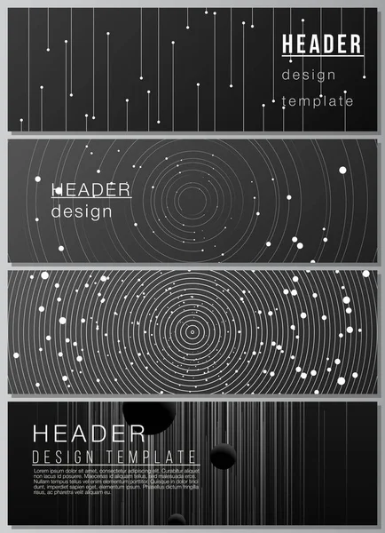 ヘッダーのベクトルレイアウト、ウェブサイトフッターのデザインのためのバナーデザインテンプレート、水平フライヤー、ウェブサイトヘッダーの背景。科学技術未来背景宇宙設計天文学の概念. — ストックベクタ