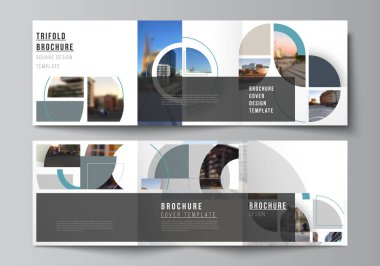 Kare tasarımı üç katlı broşür, broşür, broşür, kapak tasarımı, kitap ve broşür kapakları için tasarım şablonlarını kapsar. Soyut daire şeklinde pankartlarla donatılmış bir arka plan. Şirket iş konsepti şablonu.