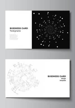 İki yaratıcı kartvizit tasarım şablonu vektör düzeni, yatay şablon tasarımı. Siyah renkli teknoloji geçmişi. Bilimin, tıbbın, teknolojinin dijital görselleştirilmesi.