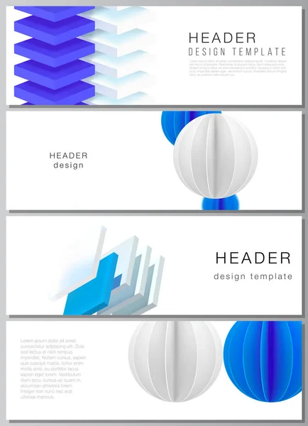 Diseño vectorial de encabezados, plantillas de banner para diseño de pie de página web, diseño de volante horizontal, fondos de encabezado del sitio web. 3d renderizar la composición vectorial con formas azules geométricas dinámicas en movimiento. — Archivo Imágenes Vectoriales