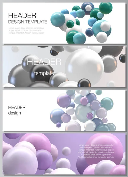 Vektor layout av rubriker, banner design mallar för webbplats sidfot design, horisontella flyer design, webbplats rubrik. Abstrakt futuristisk bakgrund med färgglada 3D sfärer, blanka bubblor, bollar. — Stock vektor