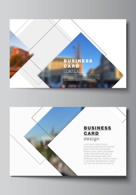 İki yaratıcı kartvizit tasarım şablonu vektör düzeni, geometrik basit şekiller, çizgiler ve fotoğraf yeri ile yatay şablon vektör tasarımı.