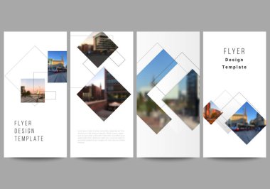 Web sitesi reklam tasarımı, dikey uçucu, web sitesi dekorasyon arka planı için geometrik basit şekillere, çizgilere ve fotoğraf alanına sahip el ilanlarının vektör düzeni, pankart tasarımı şablonları.